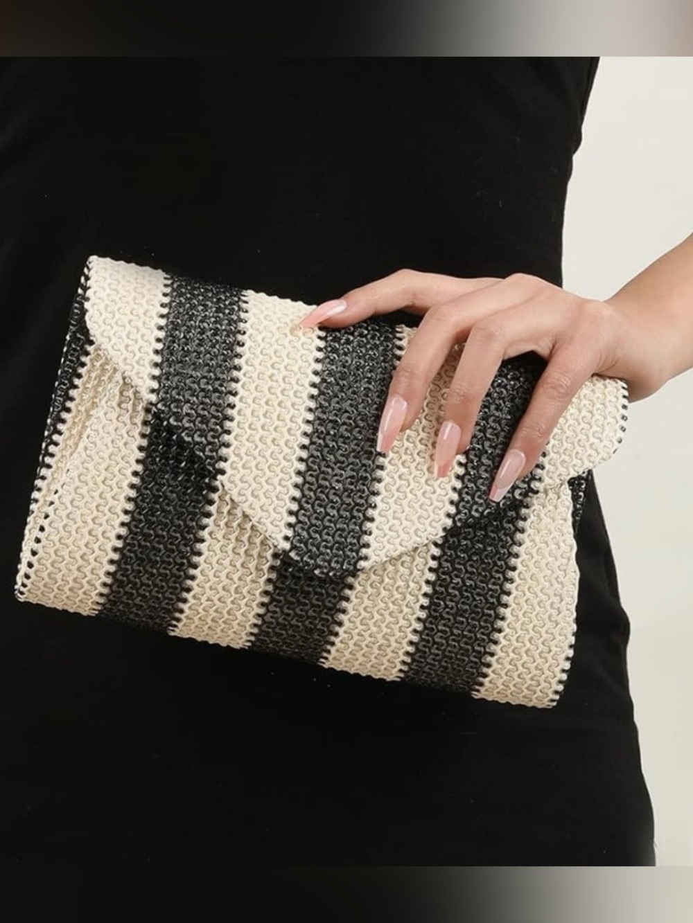 Striped Black and White Woven Clutch